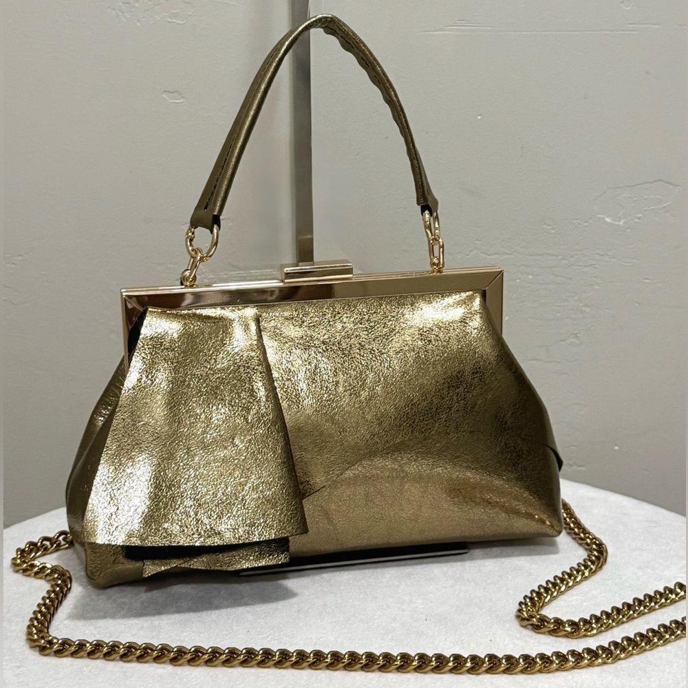 Unique Asymmetrical Ruffles Handmade Genuine Leather, Push Lock Clutch Bag